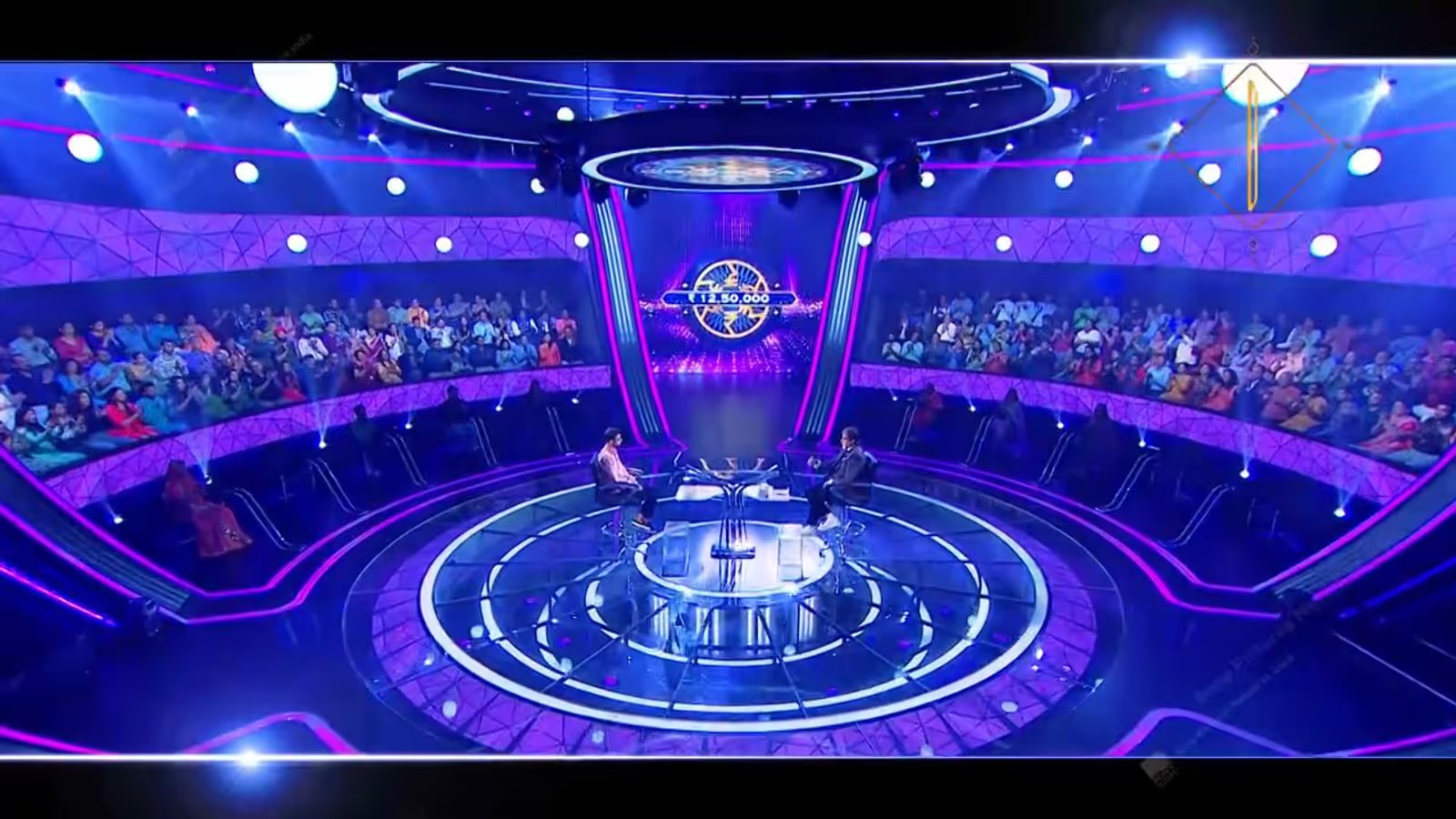 Wide view of a television stage under warm light