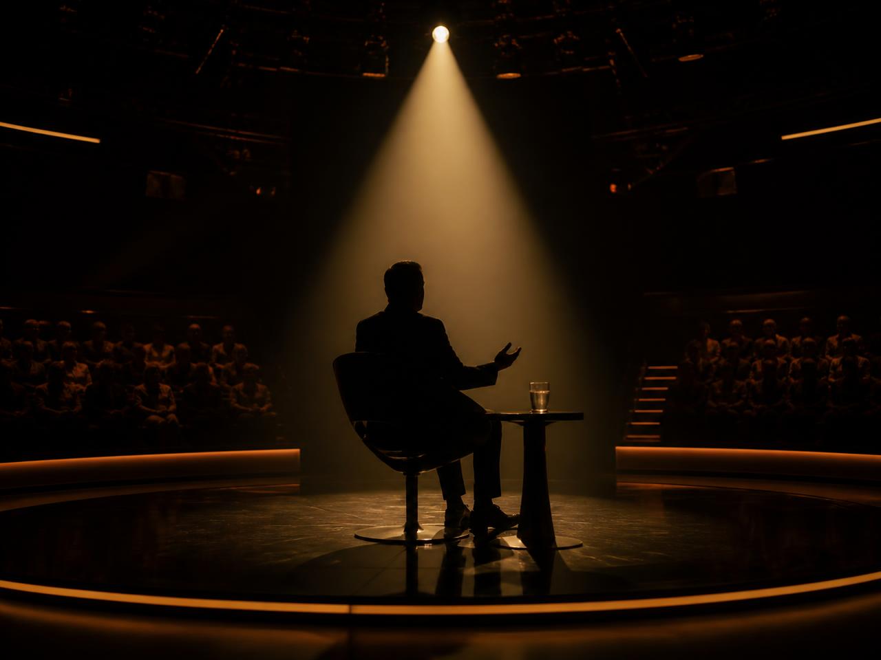 Silhouetted presenter under a single spotlight on a television quiz stage
