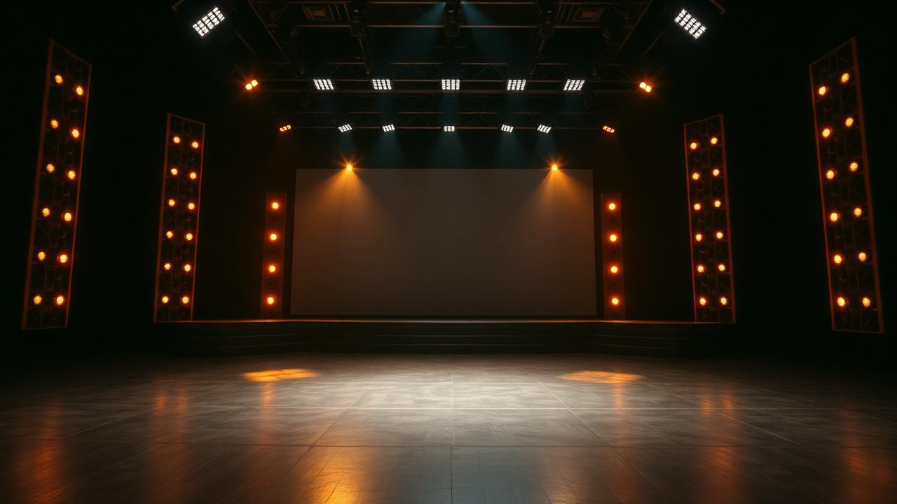 Wide view of a television stage under warm light